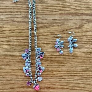 Heart Charm Necklace Earrings Set Pink Silver Rhinestone Dangle 18” Adjustable